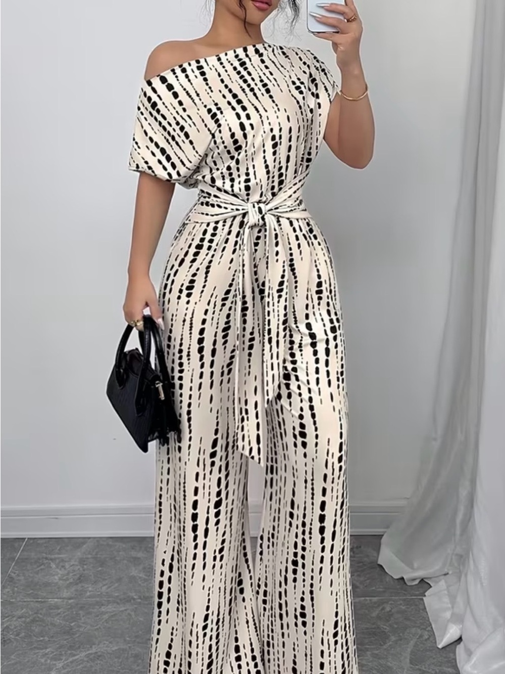 Women’s Cream & Black Off-Shoulder Wide-Leg Jumpsuit with Tie Waist